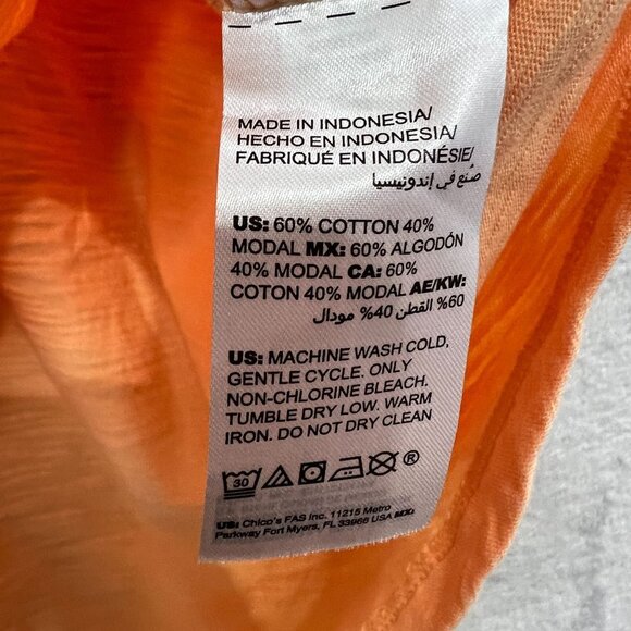 Chicos Slub V-Neck Tee Womens Large Peach Orange Pleated Back Cotton Modal Blend - Picture 5 of 10